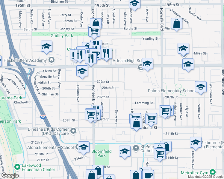 map of restaurants, bars, coffee shops, grocery stores, and more near 11874 206th Street in Lakewood