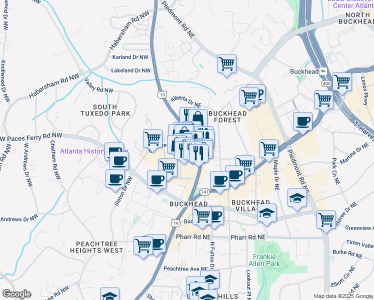 map of restaurants, bars, coffee shops, grocery stores, and more near 3230 Roswell Road Northeast in Atlanta