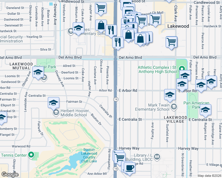 map of restaurants, bars, coffee shops, grocery stores, and more near in Lakewood