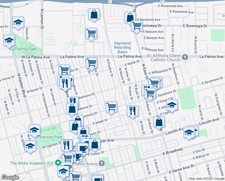 map of restaurants, bars, coffee shops, grocery stores, and more near 602 East Wilhelmina Street in Anaheim