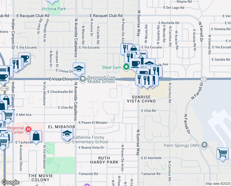 map of restaurants, bars, coffee shops, grocery stores, and more near 1201 East Vista Chino in Palm Springs