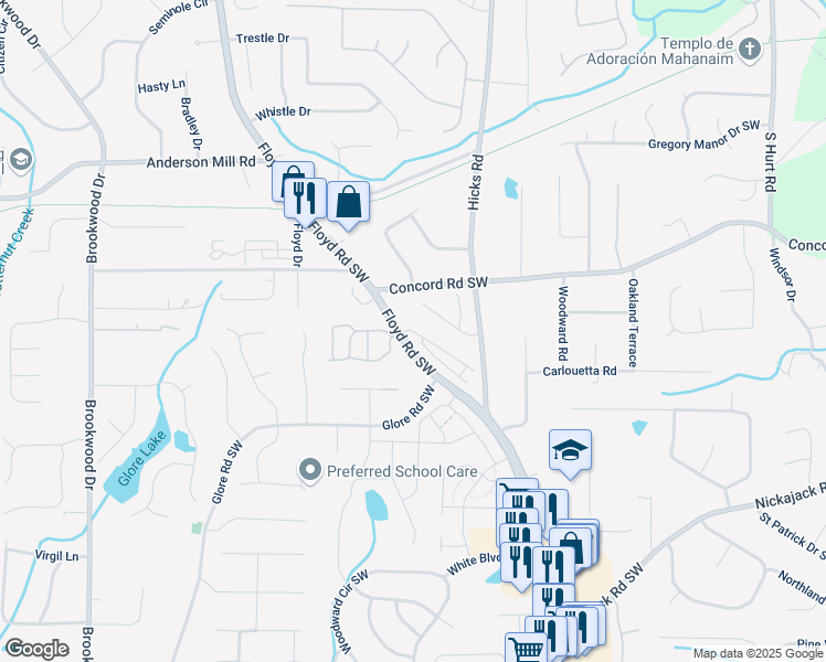 map of restaurants, bars, coffee shops, grocery stores, and more near Floydwood Road in Mableton
