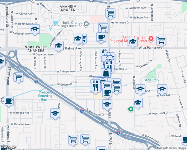 map of restaurants, bars, coffee shops, grocery stores, and more near 1765 Glenoaks Avenue in Anaheim