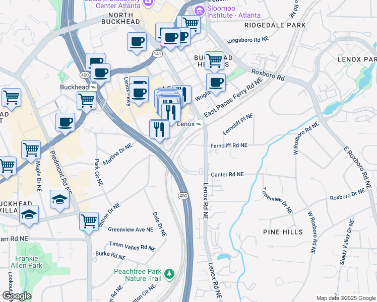 map of restaurants, bars, coffee shops, grocery stores, and more near 3200 Lenox Road Northeast in Atlanta