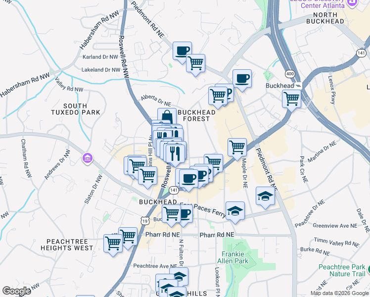 map of restaurants, bars, coffee shops, grocery stores, and more near 3226 Mathieson Drive Northeast in Atlanta