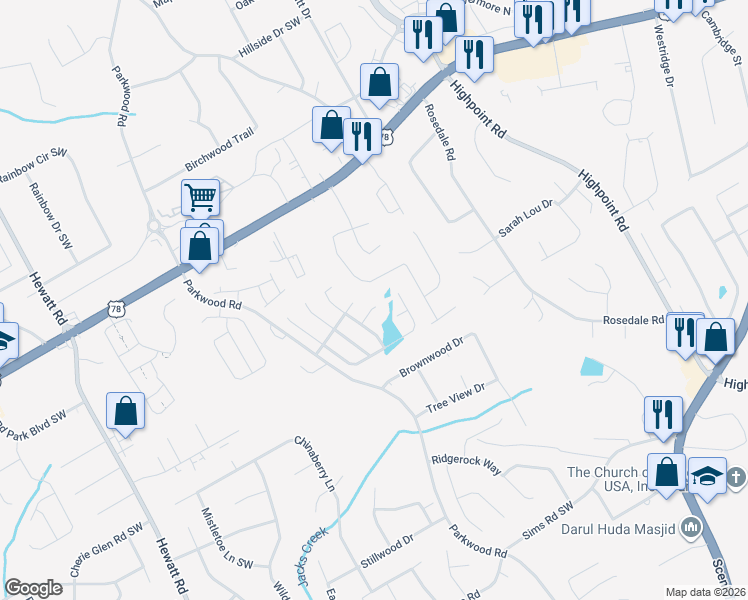 map of restaurants, bars, coffee shops, grocery stores, and more near 3401 Park Glenn Lane in Snellville