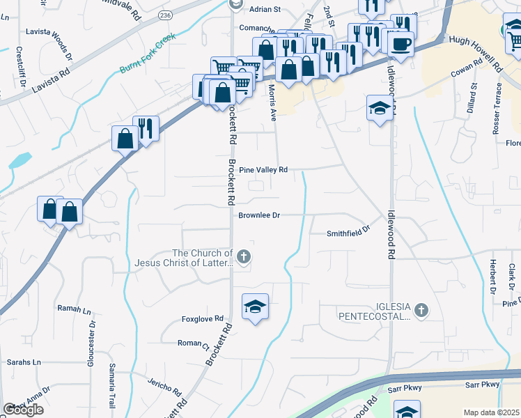 map of restaurants, bars, coffee shops, grocery stores, and more near 4066 Brownlee Drive in Tucker