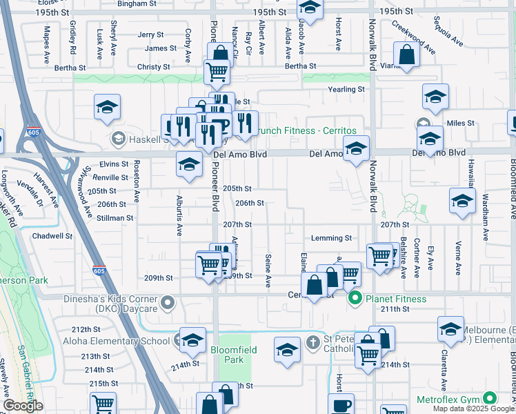 map of restaurants, bars, coffee shops, grocery stores, and more near 11874 206th Street in Lakewood