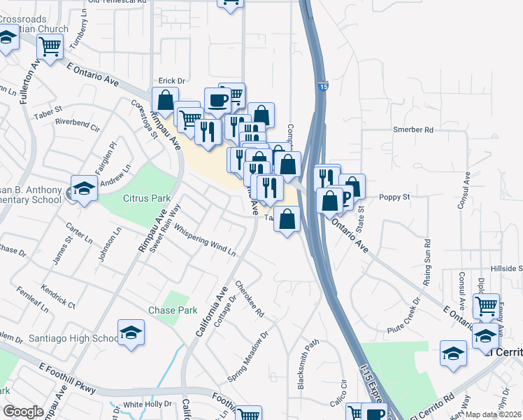 map of restaurants, bars, coffee shops, grocery stores, and more near 2363 California Avenue in Corona