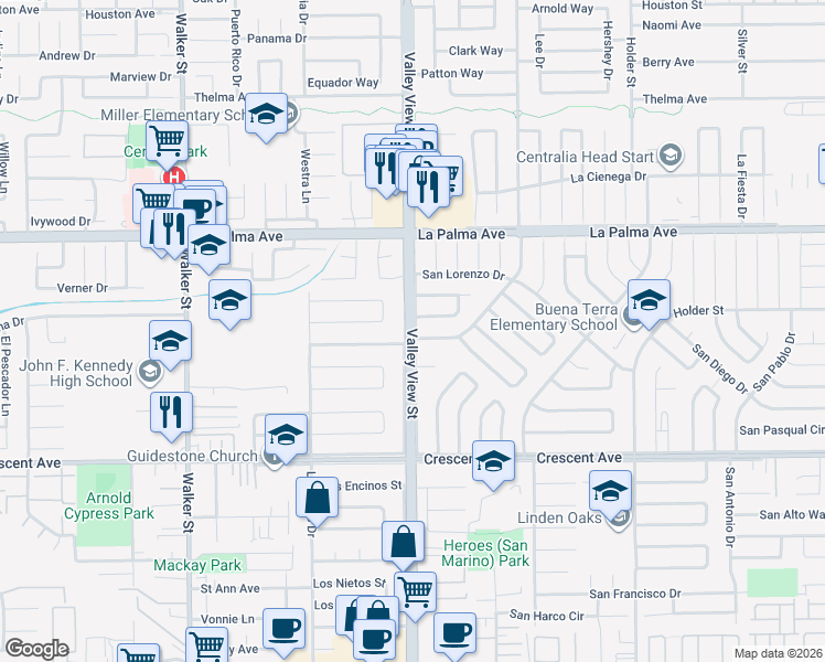 map of restaurants, bars, coffee shops, grocery stores, and more near 8250 Valley View Street in Buena Park
