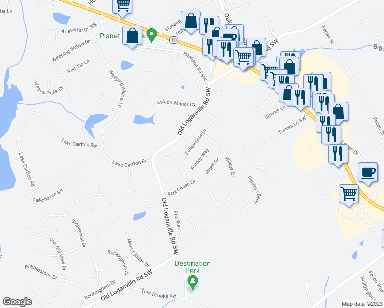 map of restaurants, bars, coffee shops, grocery stores, and more near 737 Fallowfield Drive in Loganville