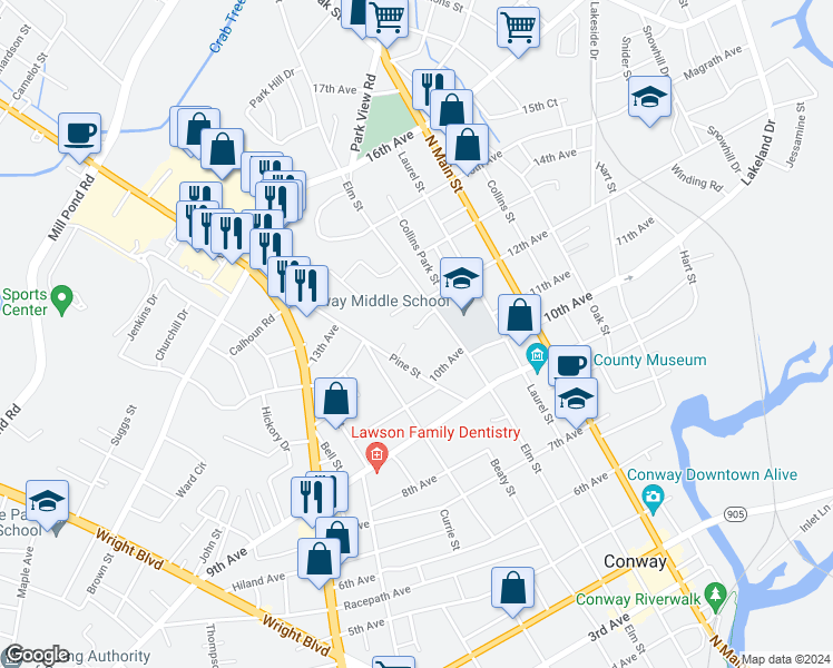 map of restaurants, bars, coffee shops, grocery stores, and more near 1015 Elm Street in Conway