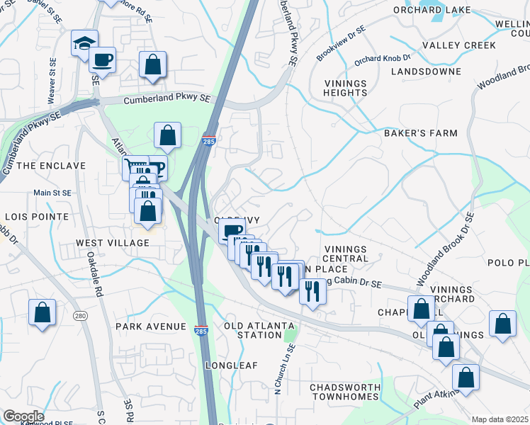 map of restaurants, bars, coffee shops, grocery stores, and more near 4784 Ivy Ridge Drive Southeast in Atlanta