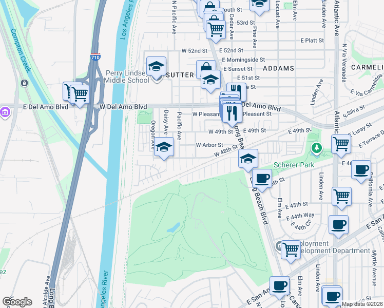 map of restaurants, bars, coffee shops, grocery stores, and more near 4792 West 48th Street in Long Beach