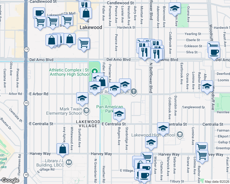 map of restaurants, bars, coffee shops, grocery stores, and more near 5243 East Arbor Road in Long Beach