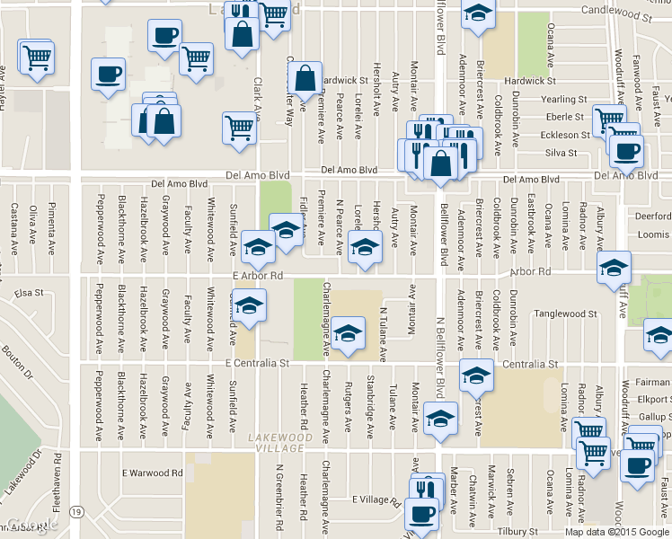 map of restaurants, bars, coffee shops, grocery stores, and more near 5243 East Arbor Road in Long Beach