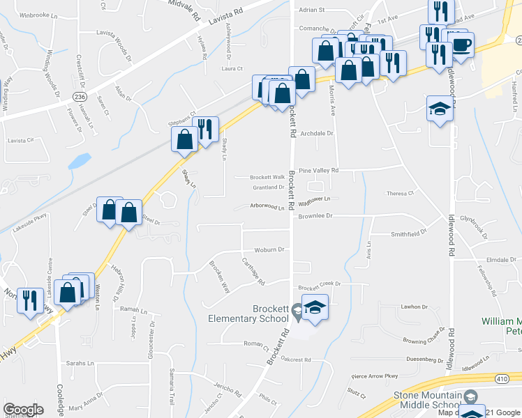 map of restaurants, bars, coffee shops, grocery stores, and more near 3995 Arborwood Lane in Tucker