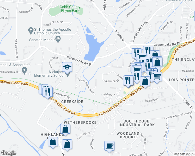 map of restaurants, bars, coffee shops, grocery stores, and more near 5156 Laurel Bridge Court Southeast in Smyrna