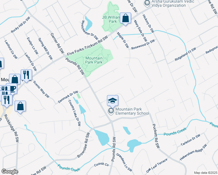 map of restaurants, bars, coffee shops, grocery stores, and more near 5040 Fox Forest Drive Southwest in Lilburn