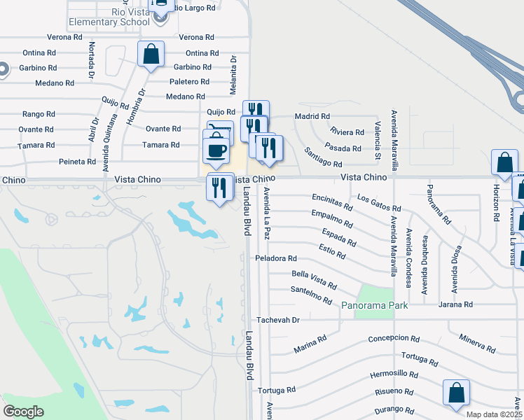 map of restaurants, bars, coffee shops, grocery stores, and more near 28215 Avenida La Paz in Cathedral City