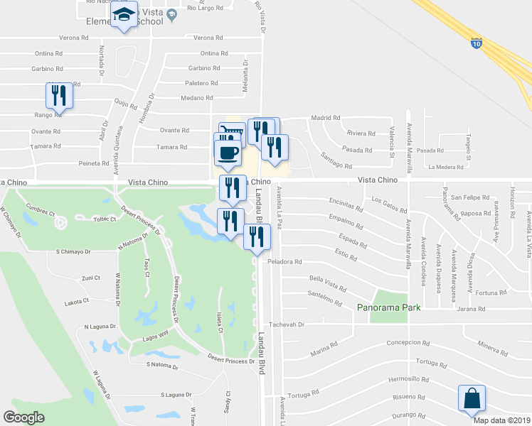 map of restaurants, bars, coffee shops, grocery stores, and more near 28215 Avenida La Paz in Cathedral City