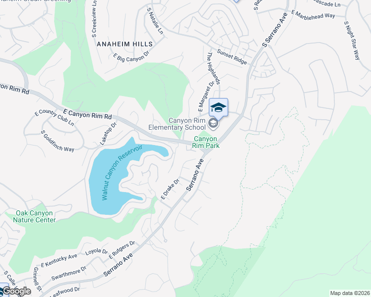 map of restaurants, bars, coffee shops, grocery stores, and more near 916 South Rim Crest Drive in Anaheim
