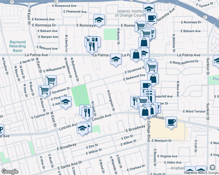 map of restaurants, bars, coffee shops, grocery stores, and more near 250 North Evergreen Street in Anaheim