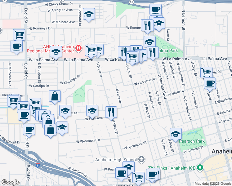map of restaurants, bars, coffee shops, grocery stores, and more near 838 North Lenz Drive in Anaheim