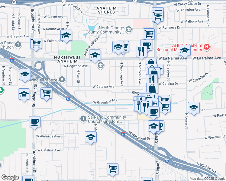 map of restaurants, bars, coffee shops, grocery stores, and more near 1860 Glenoaks Avenue in Anaheim