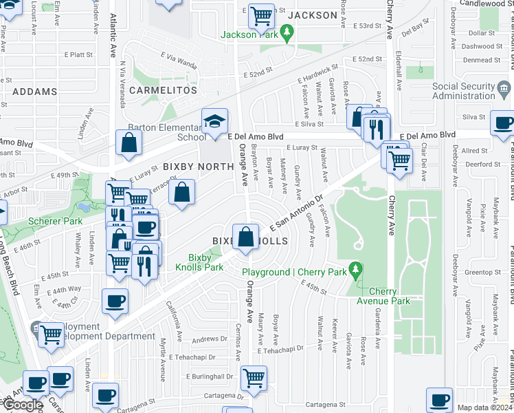 map of restaurants, bars, coffee shops, grocery stores, and more near 4681 North Banner Drive in Long Beach