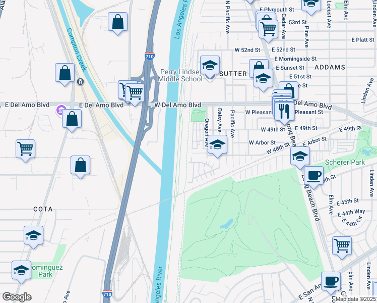 map of restaurants, bars, coffee shops, grocery stores, and more near 230 West 48th Street in Long Beach