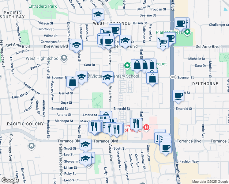 map of restaurants, bars, coffee shops, grocery stores, and more near 20606 Anza Avenue in Torrance