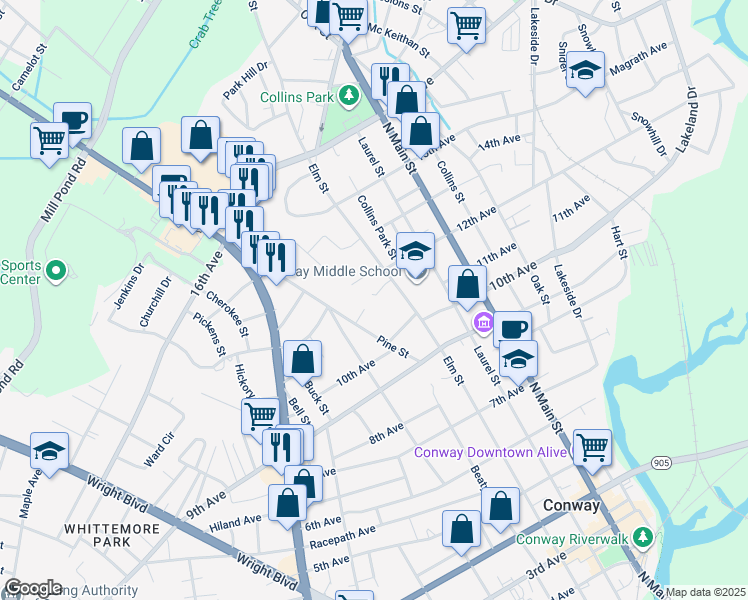 map of restaurants, bars, coffee shops, grocery stores, and more near 1015 Elm Street in Conway