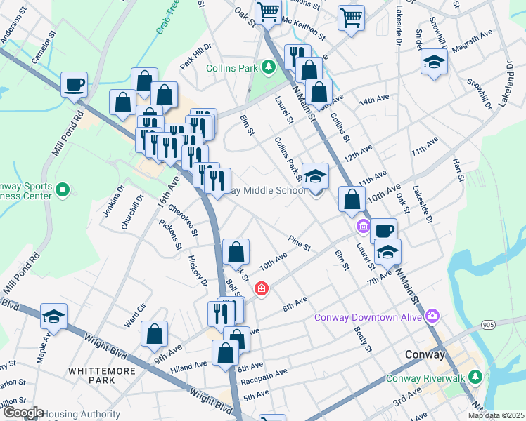map of restaurants, bars, coffee shops, grocery stores, and more near 1020 Pine Street in Conway