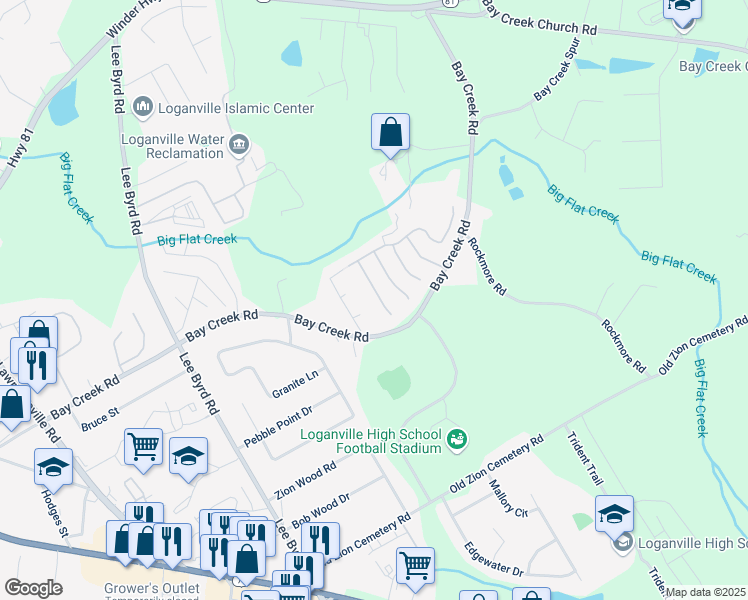 map of restaurants, bars, coffee shops, grocery stores, and more near 412 Live Oak Pass in Loganville