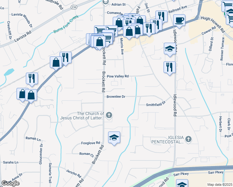 map of restaurants, bars, coffee shops, grocery stores, and more near 4066 Brownlee Drive in Tucker