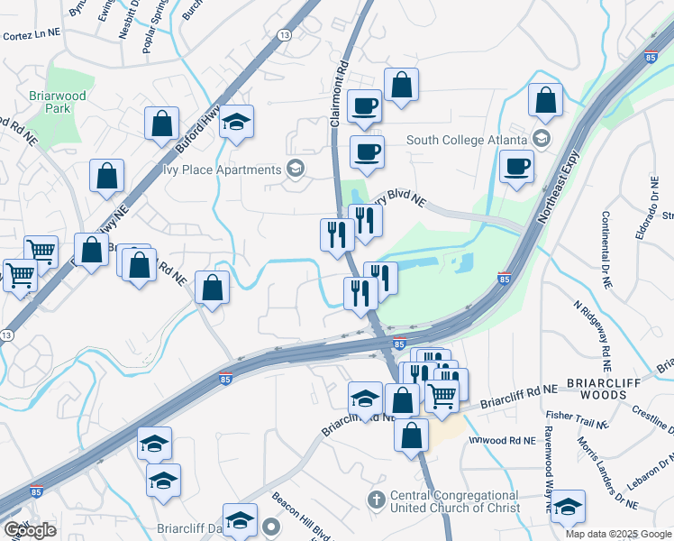 map of restaurants, bars, coffee shops, grocery stores, and more near 2922 Clairmont Road in Atlanta