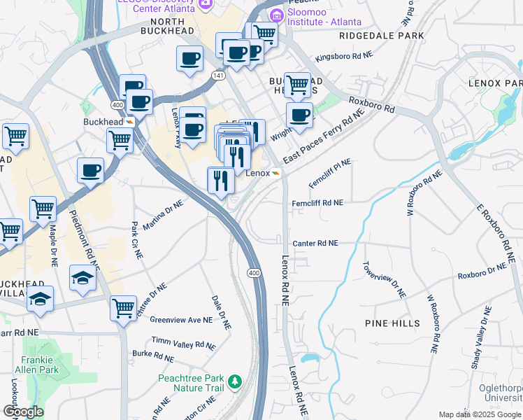 map of restaurants, bars, coffee shops, grocery stores, and more near 3200 Lenox Road Northeast in Atlanta
