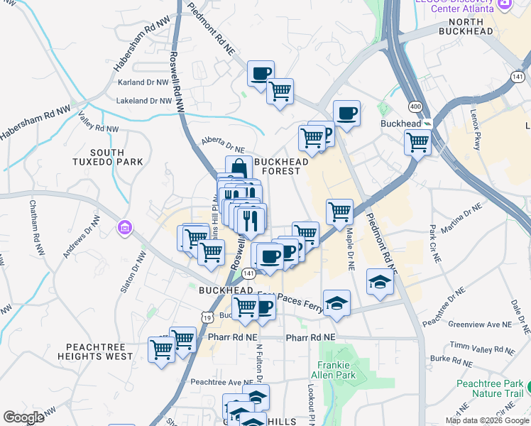map of restaurants, bars, coffee shops, grocery stores, and more near 3226 Mathieson Drive Northeast in Atlanta