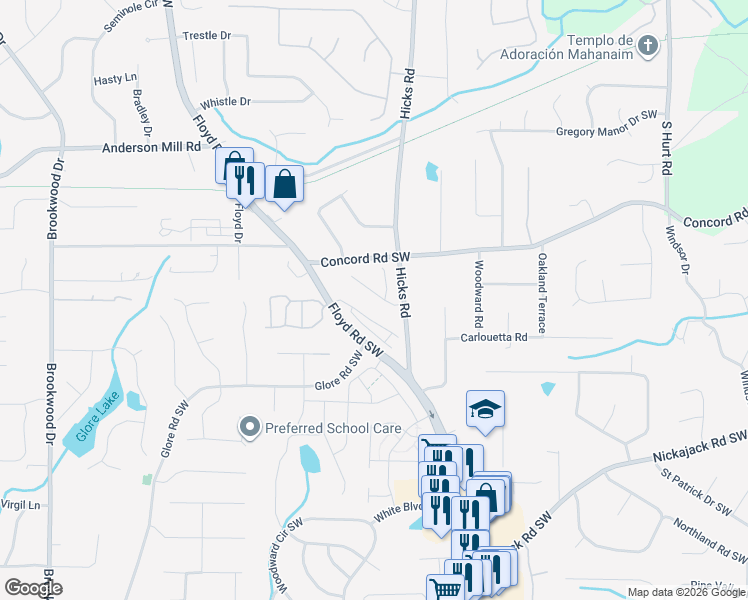 map of restaurants, bars, coffee shops, grocery stores, and more near 4602 Hicks Road in Mableton