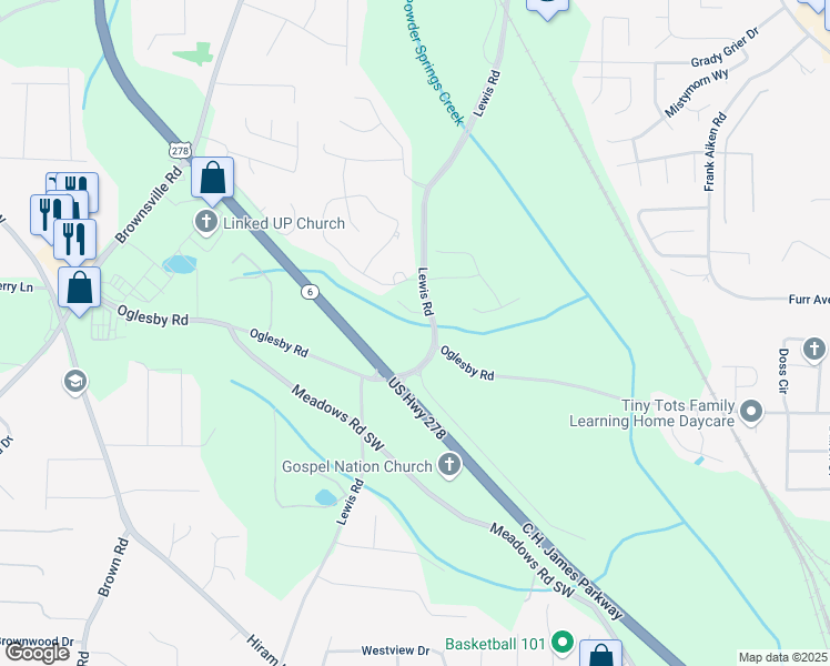 map of restaurants, bars, coffee shops, grocery stores, and more near in Powder Springs