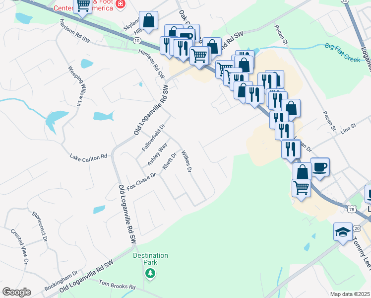 map of restaurants, bars, coffee shops, grocery stores, and more near 730 Wilkes Drive in Loganville
