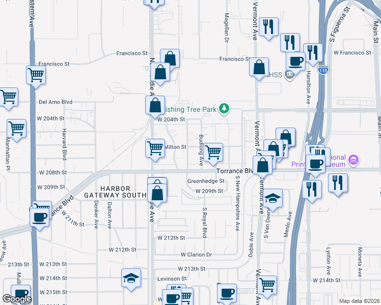 map of restaurants, bars, coffee shops, grocery stores, and more near 20612 Raymond Avenue in Torrance