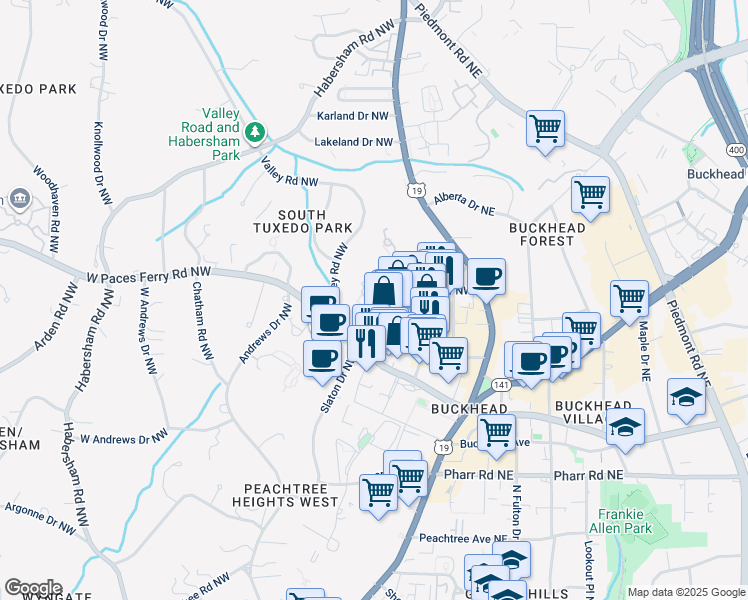 map of restaurants, bars, coffee shops, grocery stores, and more near 141 East Andrews Drive Northwest in Atlanta