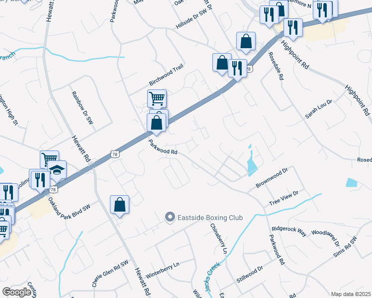 map of restaurants, bars, coffee shops, grocery stores, and more near 2262 Parkwood Road in Snellville