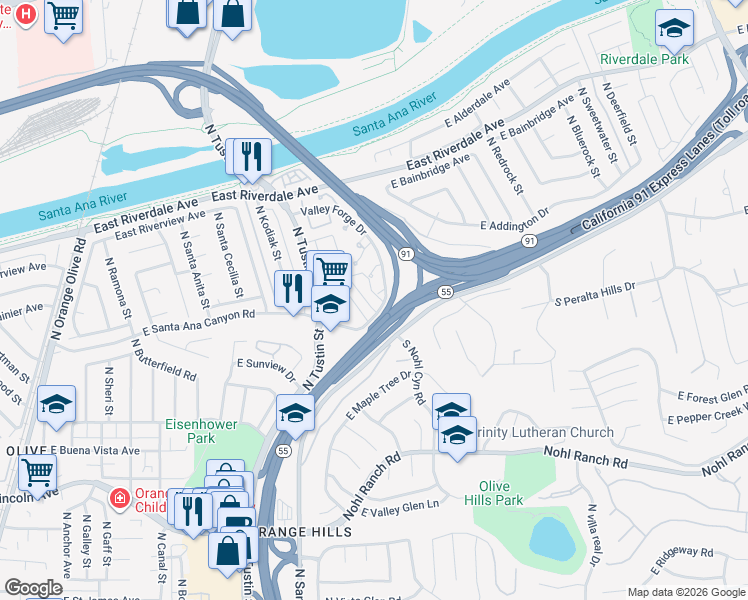 map of restaurants, bars, coffee shops, grocery stores, and more near 103 North Merrimac Drive in Anaheim
