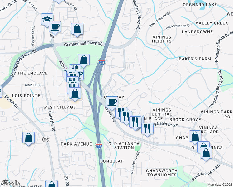 map of restaurants, bars, coffee shops, grocery stores, and more near 4736 Ivy Ridge Drive Southeast in Atlanta