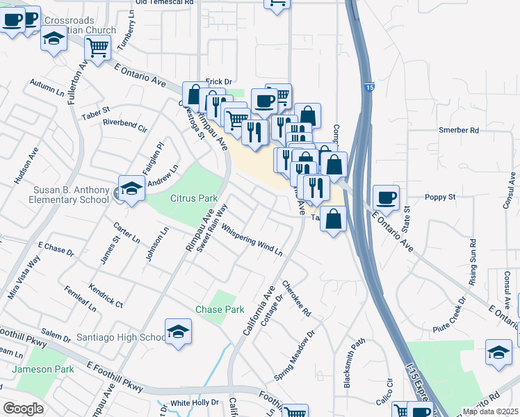 map of restaurants, bars, coffee shops, grocery stores, and more near 2419 Heavenly Way in Corona