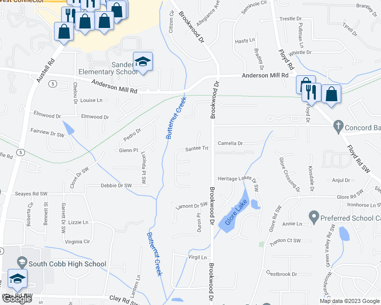map of restaurants, bars, coffee shops, grocery stores, and more near 4523 Santee Tr in Mableton