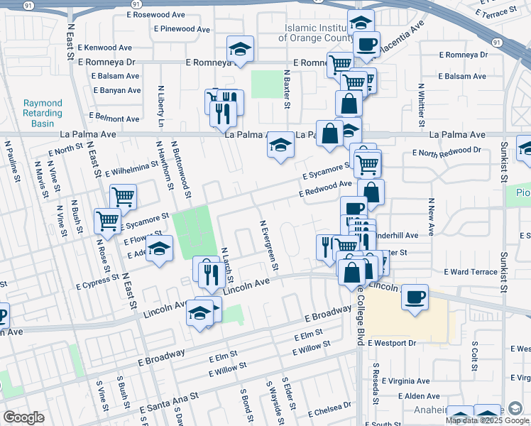 map of restaurants, bars, coffee shops, grocery stores, and more near 250 North Evergreen Street in Anaheim